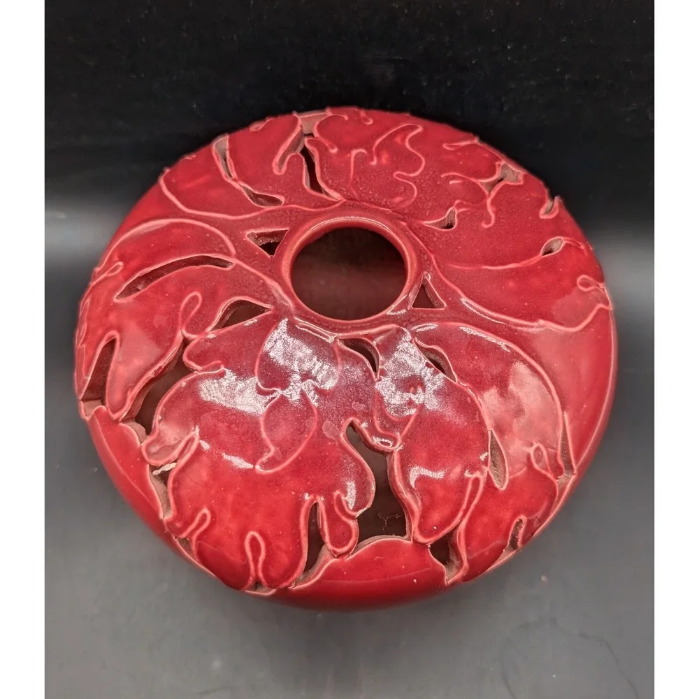 Seville Industries Oxblood Red Reticulated Pierced Leaf Ceramic Bud Vase 5
